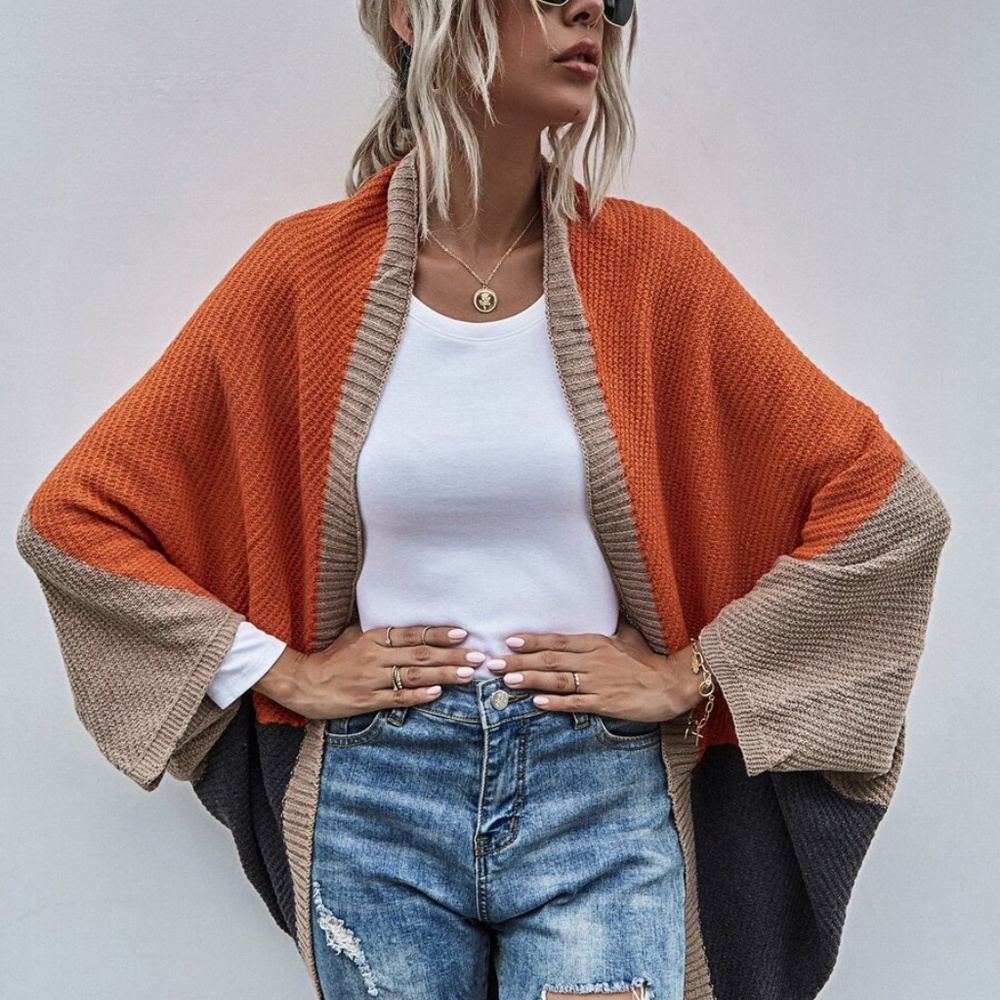 color block knit batwing cardigan oversized orange - Picture 5 of 5